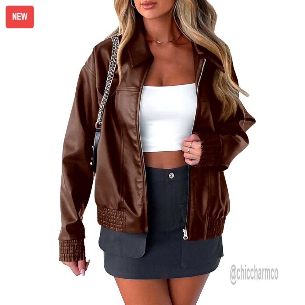 Faux Leather Bomber Jacket Long Sleeve Zip Up Motorcycle Style Chic